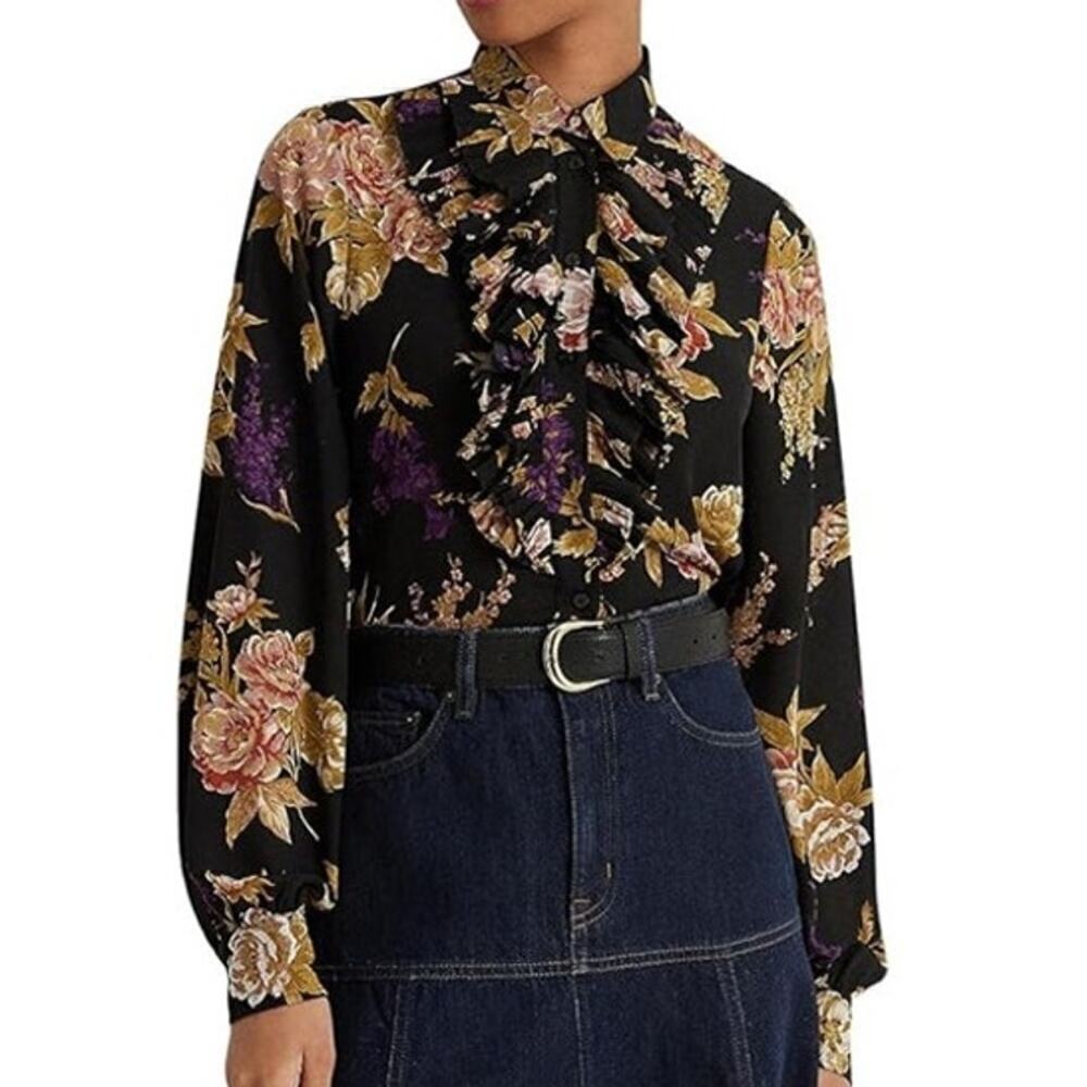 NEW Lauren Ralph Lauren Womens Sz 6 Floral Ruffle-Trim Georgette Shirt Black - Picture 3 of 12